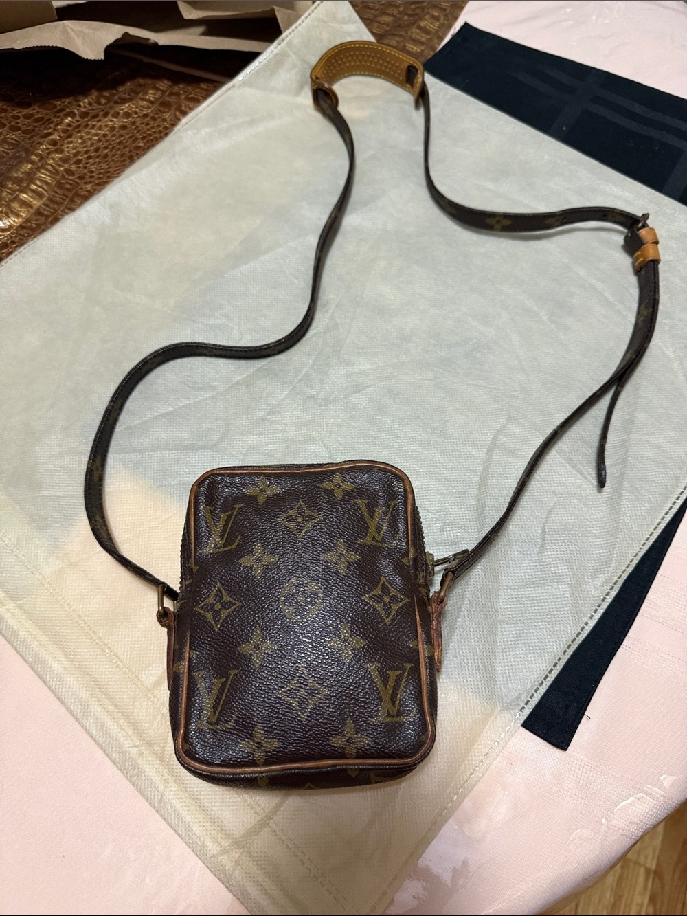Authentic VintageLouis Vuitton Monogram Small Crossbody in Brown and Tan.